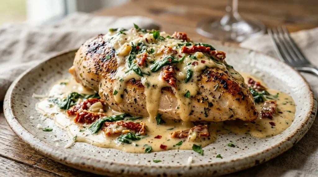 Close-up of creamy Tuscan chicken with garlic Parmesan sauce