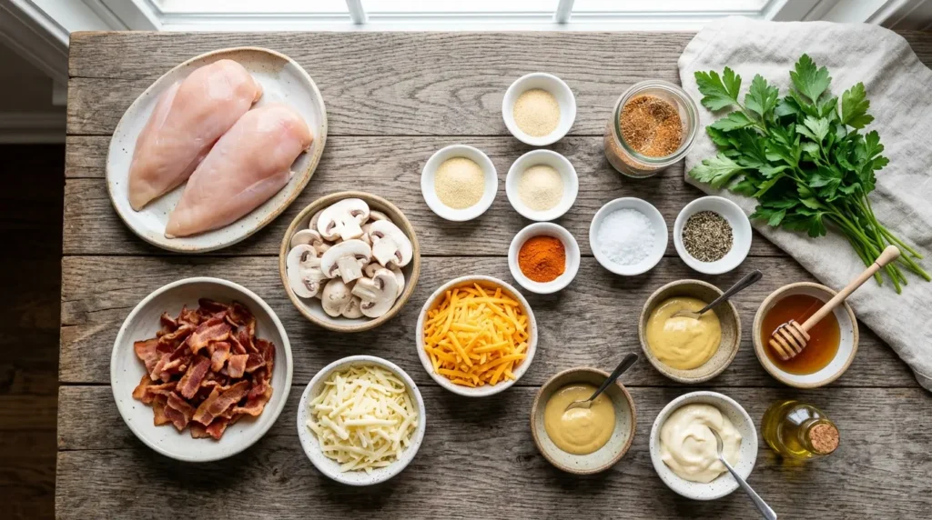 Ingredients for Alice Springs Chicken including chicken bacon mushrooms cheese and honey mustard
