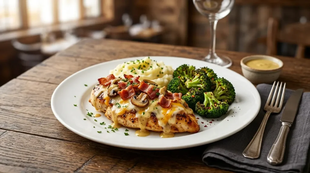 Served Alice Springs Chicken with mashed potatoes and vegetables