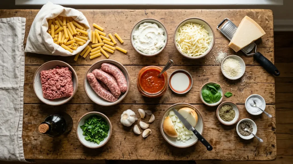 Ingredients for Baked Ziti including pasta ground beef sausage ricotta mozzarella Parmesan and marinara sauce