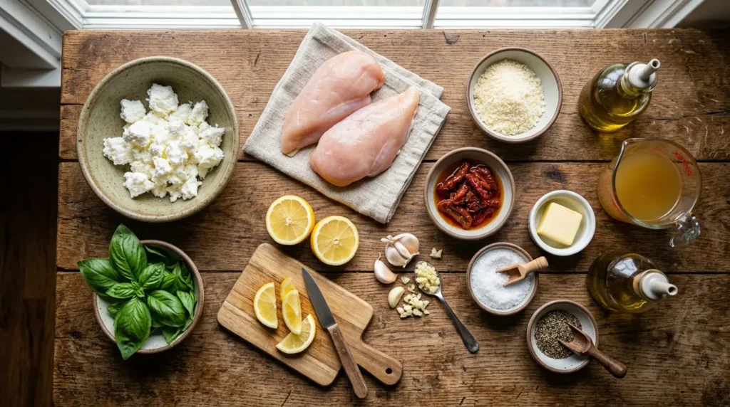 Ingredients for Chicken Bryan including chicken breasts goat cheese sun dried tomatoes basil and lemons