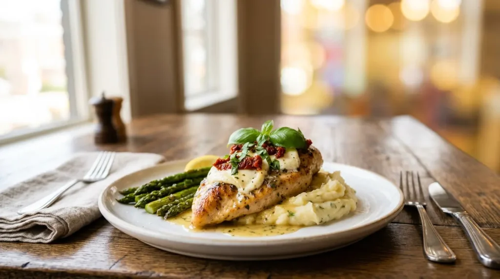 Chicken Bryan served with mashed potatoes and roasted asparagus