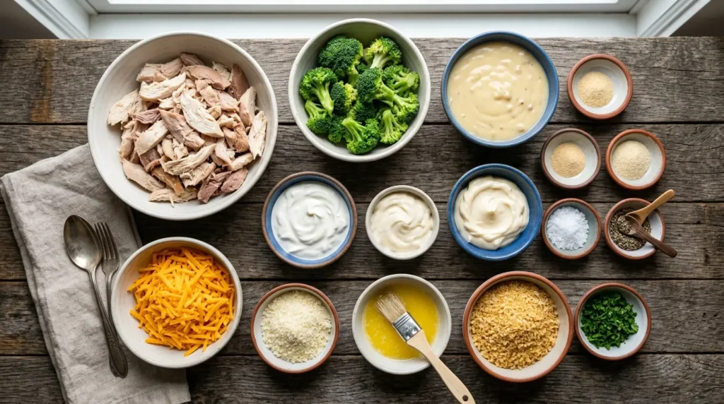 Ingredients for Chicken Divan including chicken broccoli cheddar cheese and breadcrumbs