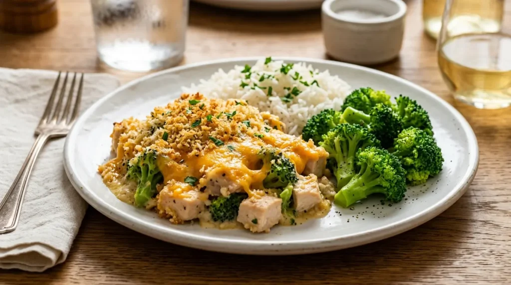 Creamy Chicken Divan served with rice and broccoli