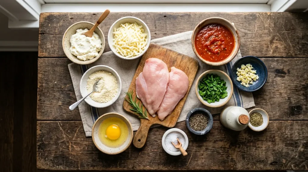 Ingredients for Chicken Rollatini including chicken breasts ricotta mozzarella Parmesan marinara and parsley