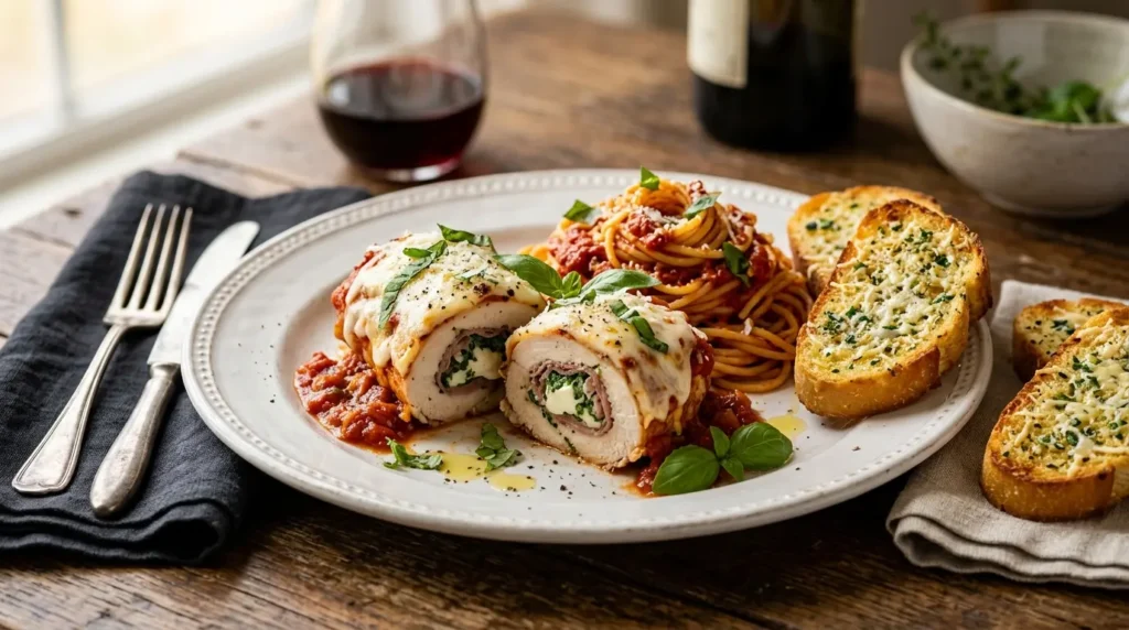 Chicken Rollatini served with spaghetti marinara and garlic bread