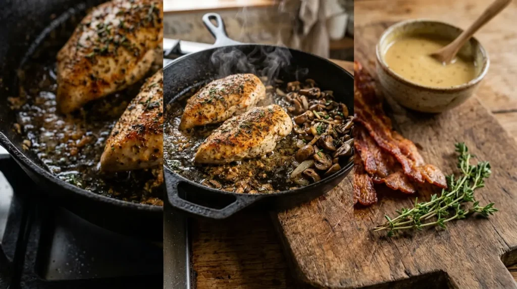 Cooking Alice Springs Chicken in a skillet before baking
