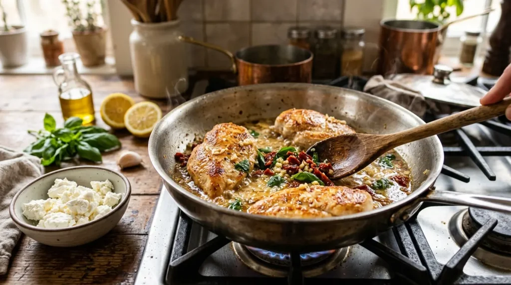 Preparing Chicken Bryan with lemon butter sauce in a skillet