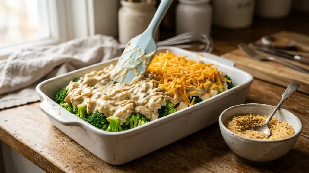 Preparing Chicken Divan casserole before baking