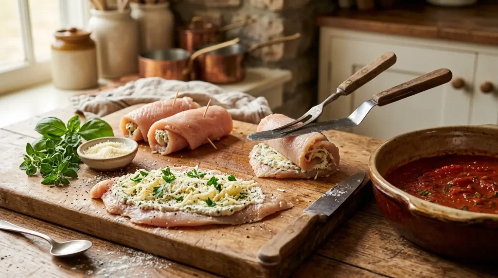 Preparing Chicken Rollatini by rolling stuffed chicken before baking