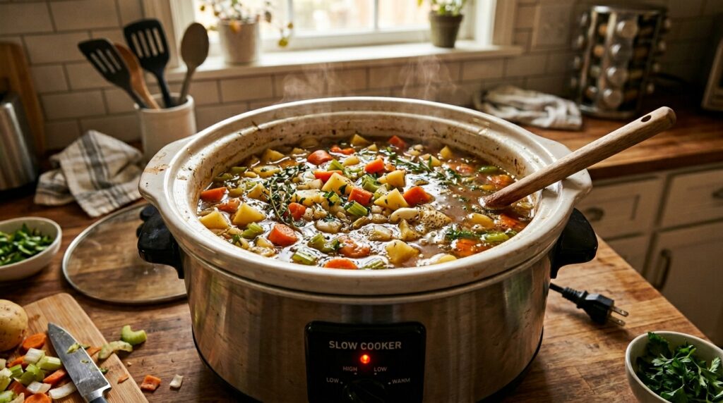 slow cooker vegetable soup cooking process