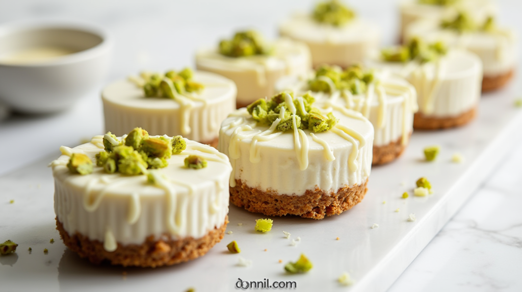 pistachio white chocolate mini cheesecakes