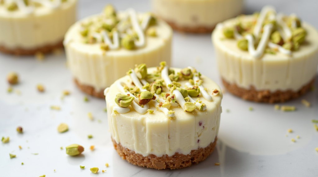 pistachio white chocolate mini cheesecakes