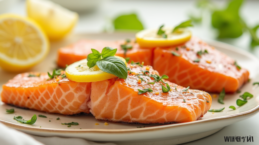 salmon fillet garnished with fresh lemon