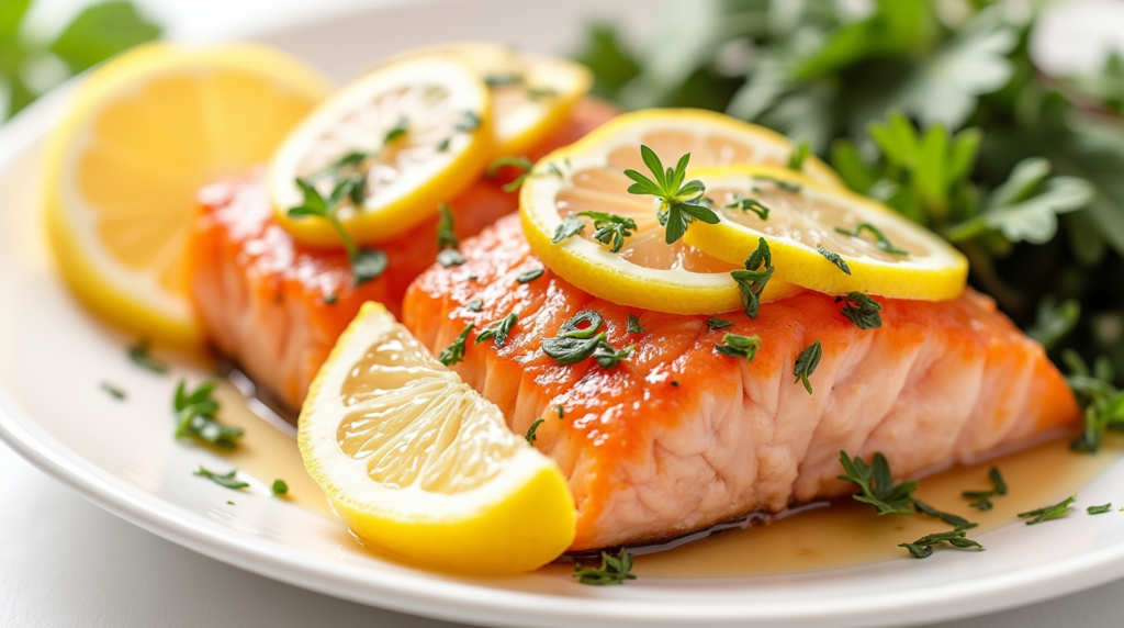 salmon fillet garnished with fresh lemon
