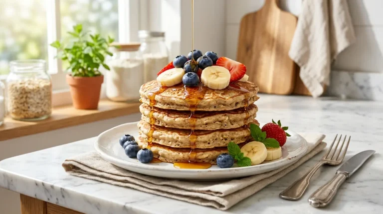 Fluffy oat pancakes topped with fresh berries, banana slices, and maple syrup