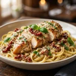 Creamy Marry Me Chicken served with pasta and fresh basil.