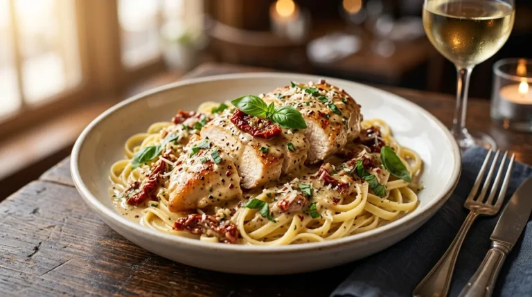 Creamy Marry Me Chicken served with pasta and fresh basil.