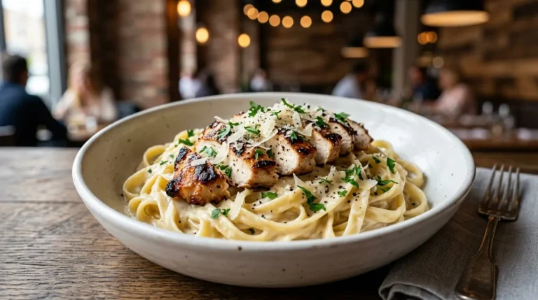 Chicken Alfredo Recipe with creamy homemade Alfredo sauce, juicy grilled chicken, fettuccine pasta, Parmesan cheese, and fresh parsley.