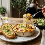 Serving a homemade Cabbage Bake Recipe with garlic bread and fresh green salad.
