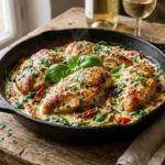 Tuscan Chicken Recipe served in a creamy garlic Parmesan sauce with spinach and sun-dried tomatoes