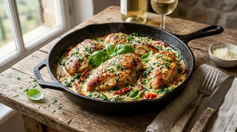 Tuscan Chicken Recipe served in a creamy garlic Parmesan sauce with spinach and sun-dried tomatoes