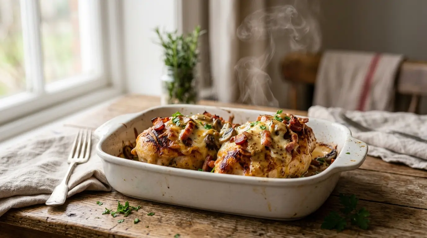 Alice Springs Chicken Recipe with bacon mushrooms honey mustard and melted cheese
