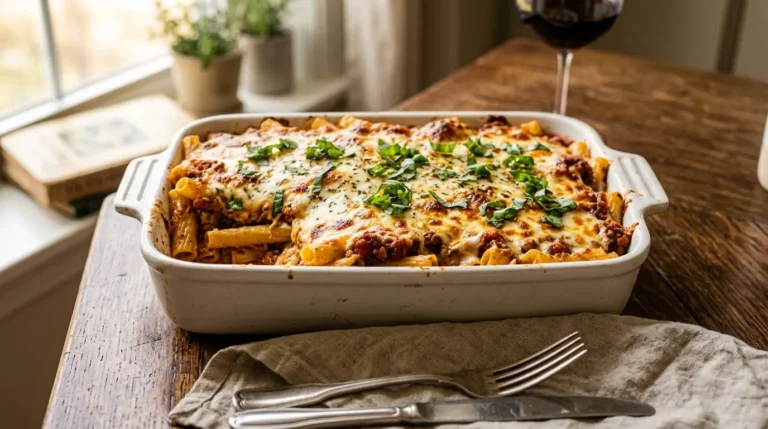 Baked Ziti Recipe with ricotta mozzarella meat sauce and Parmesan cheese