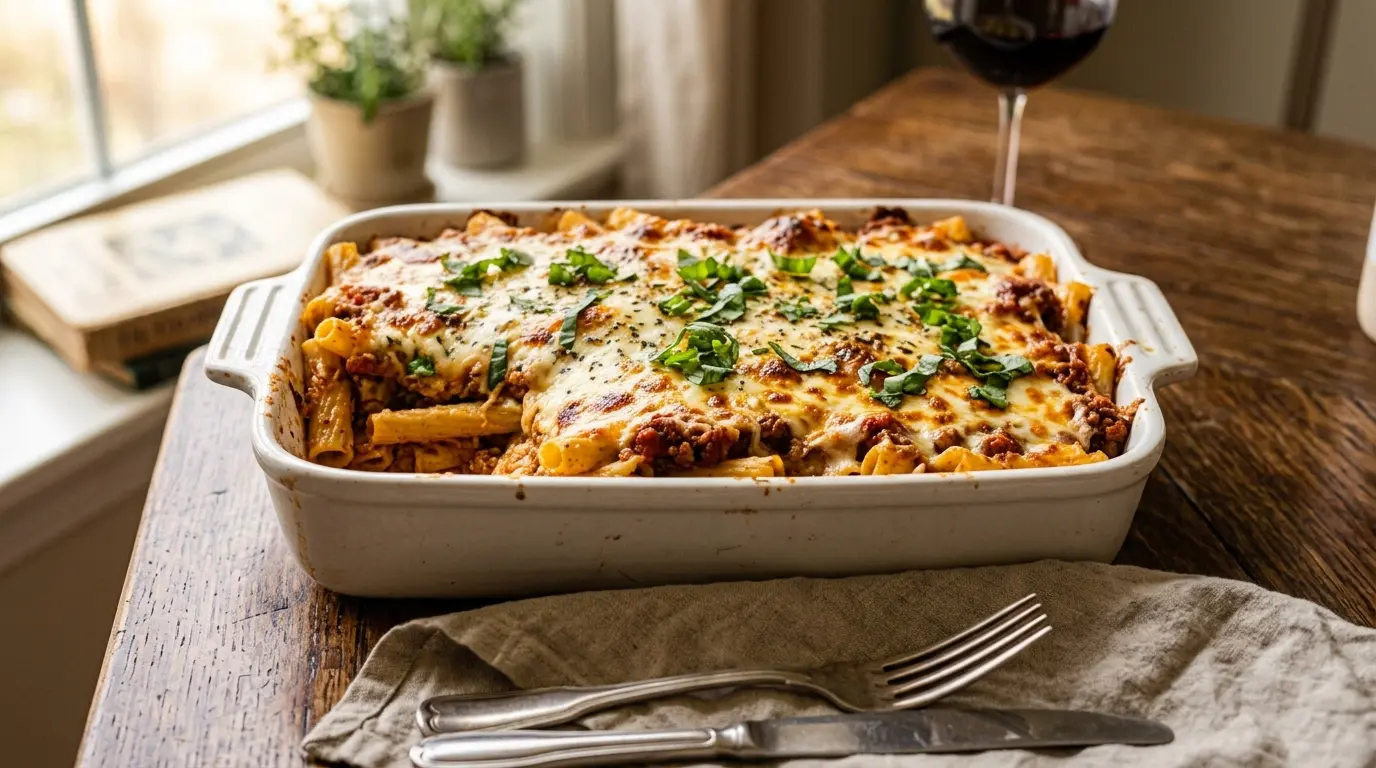 Baked Ziti Recipe with ricotta mozzarella meat sauce and Parmesan cheese
