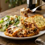 Baked Ziti served with garlic bread and Caesar salad