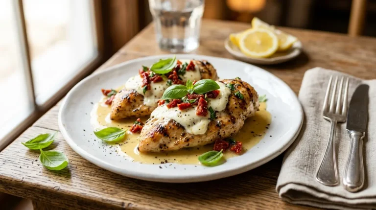 Chicken Bryan Recipe with goat cheese sun dried tomatoes basil and lemon butter sauce