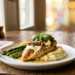 Chicken Bryan served with mashed potatoes and roasted asparagus