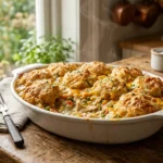 Chicken Cobbler Recipe with creamy chicken filling and golden cheddar biscuit topping