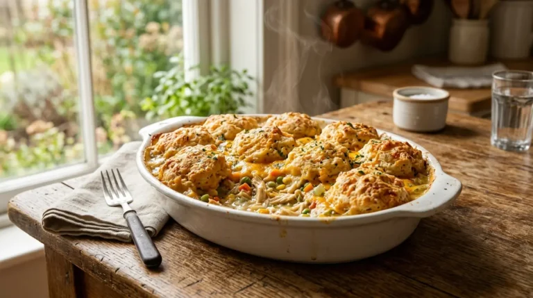 Chicken Cobbler Recipe with creamy chicken filling and golden cheddar biscuit topping