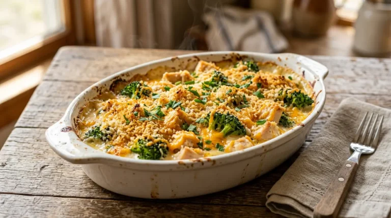 Chicken Divan Recipe with broccoli cheddar cheese and crispy buttery topping