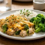 Creamy Chicken Divan served with rice and broccoli