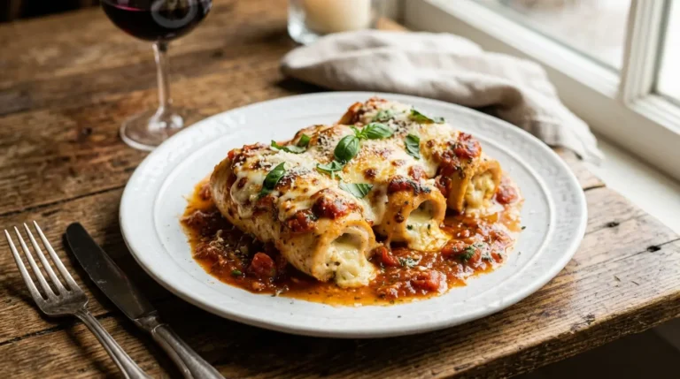 Chicken Rollatini Recipe stuffed with ricotta mozzarella and baked in marinara sauce