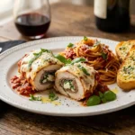 Chicken Rollatini served with spaghetti marinara and garlic bread