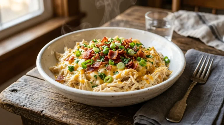 Crack Chicken Recipe served with crispy bacon, cheddar cheese, and green onions