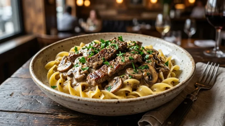Creamy homemade Beef Stroganoff recipe served over buttered egg noodles with fresh parsley.