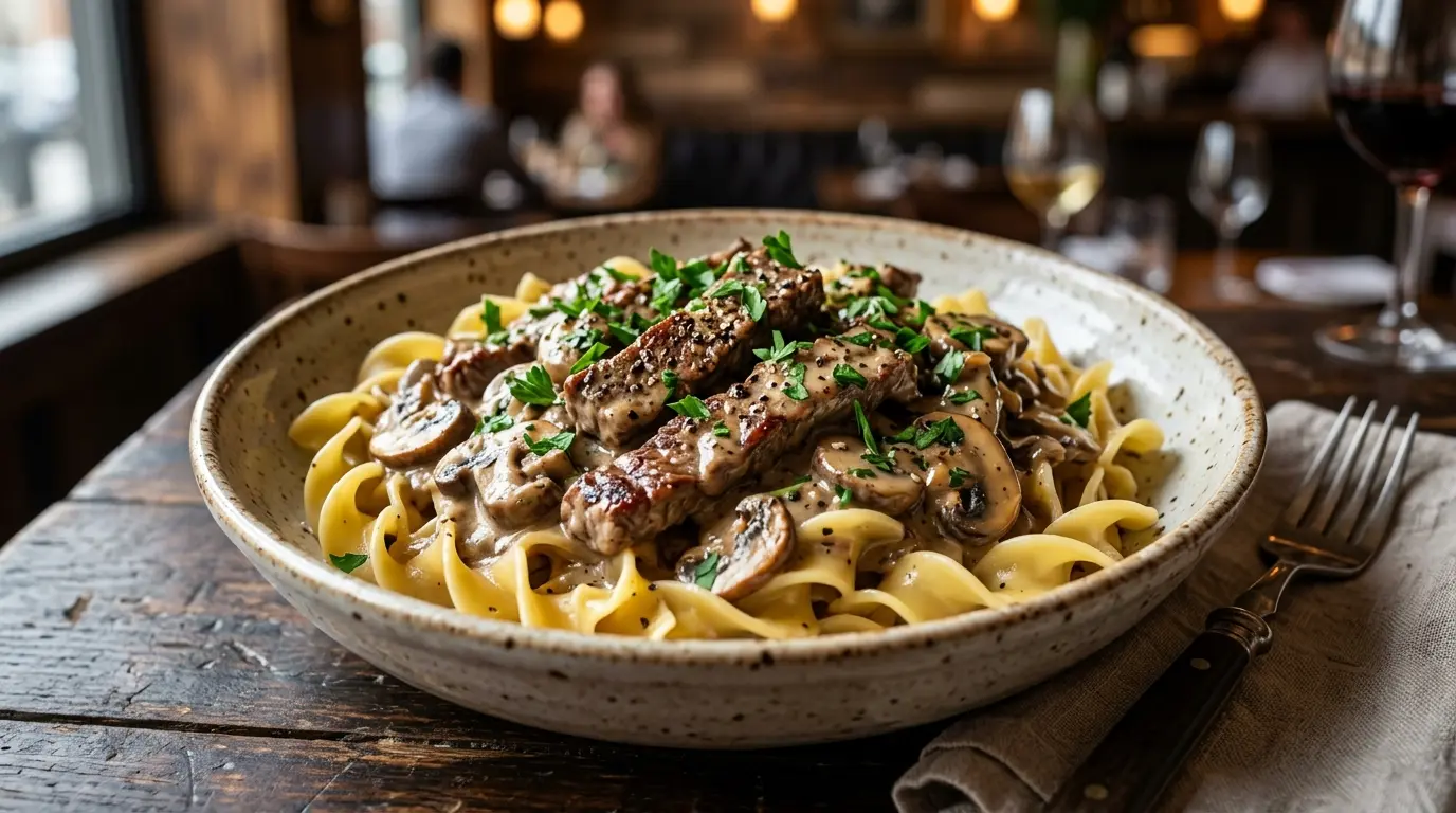 Creamy homemade Beef Stroganoff recipe served over buttered egg noodles with fresh parsley.