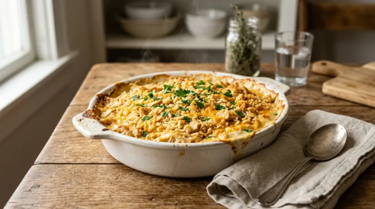 Million Dollar Chicken Casserole with creamy chicken, cheddar cheese, and buttery Ritz cracker topping