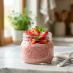 Creamy strawberry chia pudding served in a glass jar topped with fresh strawberries.