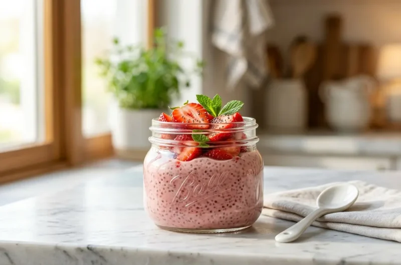 Creamy strawberry chia pudding served in a glass jar topped with fresh strawberries.