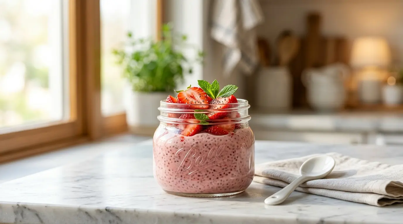 Creamy strawberry chia pudding served in a glass jar topped with fresh strawberries.