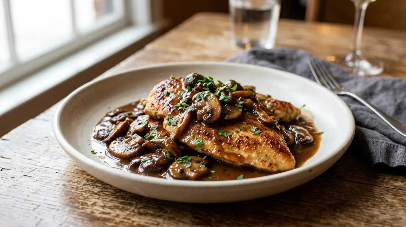 Chicken Marsala recipe with golden chicken cutlets and mushrooms in a rich Marsala sauce
