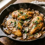 Golden chicken cutlets simmering in mushroom Marsala sauce in a skillet
