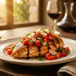 Bruschetta Chicken served with pasta, roasted vegetables, garlic bread, and fresh salad.
