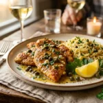 Best Chicken Piccata Recipe served with pasta, lemon caper sauce, parsley, and lemon slices