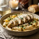 Close-up of homemade Garlic Parmesan Chicken Pasta with creamy Parmesan sauce and sliced chicken.